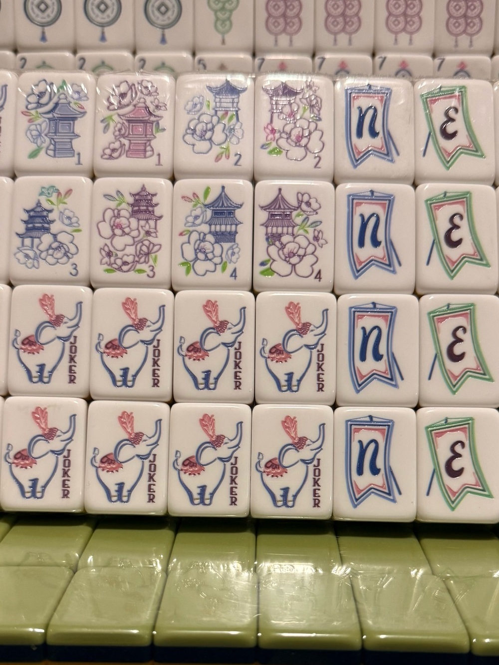 American Mahjong Tile Set - White and Olive Green with Elephant jokers